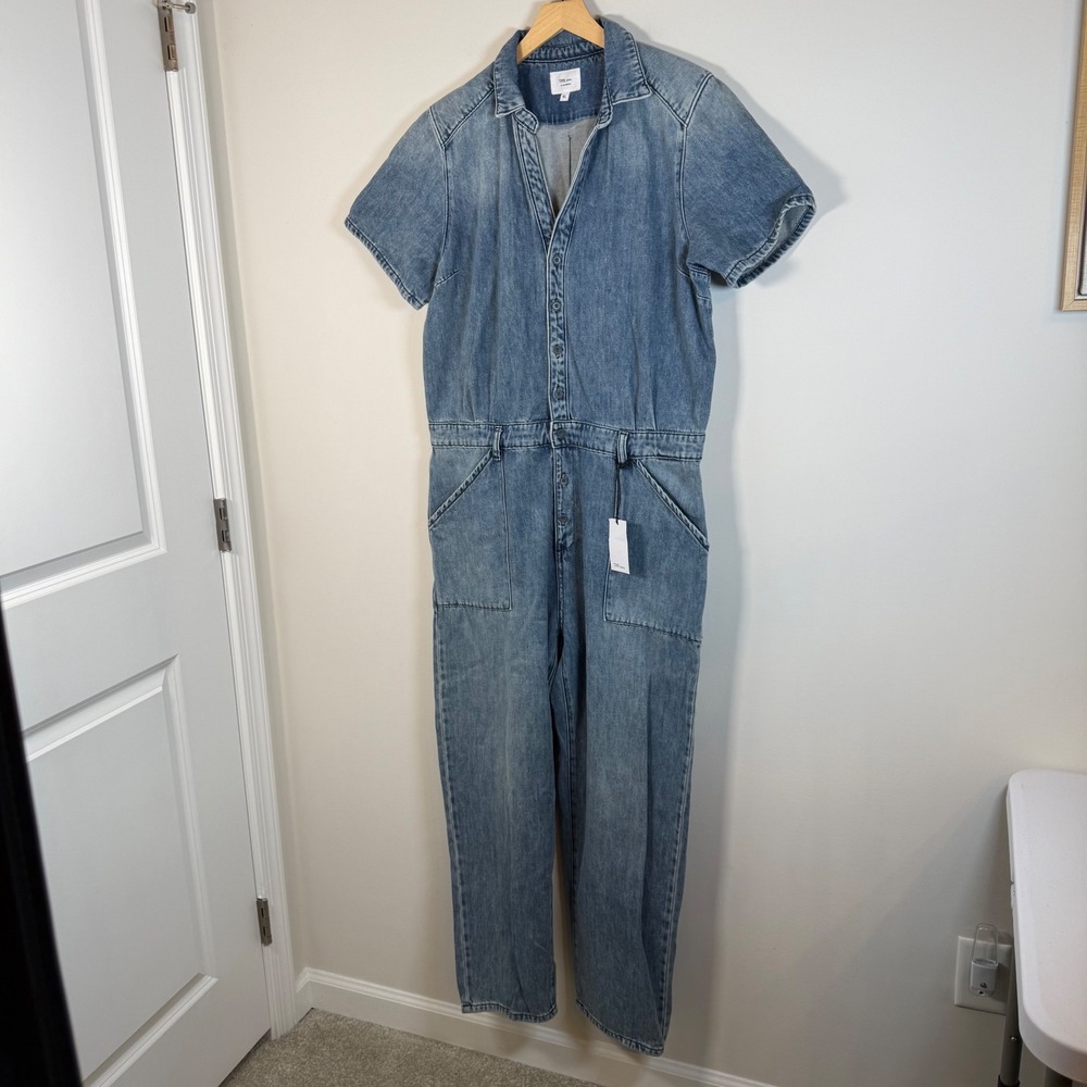 NEW TNR Jeans Blue Denim Short Sleeve Jumpsuit XL One Piece‎ Button Front NWT